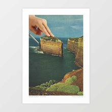 Cargar imagen en el visor de la galería, Serving Up Cake by the Seaside a surreal collage wall art featuring a coastal rock formation served up like a slice of cake on a giant plate, with a hand delicately placing it down against a seaside backdrop. This quirky and imaginative artwork combines food themes with surreal landscapes, perfect for buyers searching for collage art prints, posters, and unique wall decor. Ideal for homes, cafés, restaurants, and creative spaces that want statement artwork with playful charm.