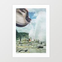 Load image into Gallery viewer, Steam Funk” art print in vintage travel poster style showing a billowing column of white steam rising dramatically into a sky of muted tones. The steam blends into clouds, framed by subtle architectural or landscape hints, evoking industrial and natural energy. This surreal steamscape artwork combines retro poster aesthetics, vapor motion, and nostalgic design — ideal for living rooms, cafés, lofts, studios, or creative wall décor in homes craving bold atmospheric art.