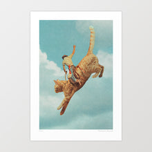 Cargar imagen en el visor de la galería, “Mewhaw – Rodeo Cat” surreal artwork featuring a cowboy in full rodeo style riding a giant orange tabby cat bucking high into the sky. Set against a dreamy blue sky backdrop, this vintage-inspired western collage combines classic Wild West cowboy culture with cat lover humor. Perfect for ranch-style interiors, cowgirl-core homes, or quirky western decor, this surreal wall art blends rodeo themes, yeehaw vibes, and playful feline energy into a unique conversation-starting print.