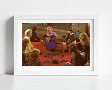 Load image into Gallery viewer, "Aunt Daisy’s Tea Party" by Vertigo Artography - A surrealist artwork depicting a vintage tea party with an array of weaponry, blending domestic charm with a rebellious twist. Ideal for collectors of unique and thought-provoking art.