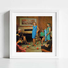 Charger l'image dans la galerie, "Aunt Sadie's Fashion Conscious Group" artwork by Vertigo Artography, featuring elegantly dressed women around a pentagram with red candles. A blend of vintage charm and modern surrealism, perfect for adding intrigue and sophistication to any space. Buy now and elevate your space with this conversation starter.