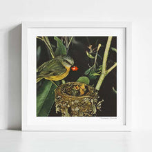 Cargar imagen en el visor de la galería, Birdie Likes" artwork features a bird feeding chicks with a social media 'like' icon. This whimsical piece blends nature's beauty with modern digital culture. Perfect for bird lovers and art enthusiasts, it adds charm and humor to any decor.