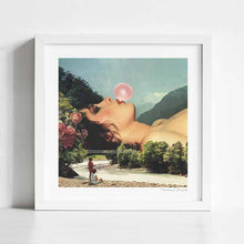 Cargar imagen en el visor de la galería, "Bubble Gum Girl" artwork blending surrealism and pop culture. Featuring a serene girl blowing a pink bubble against a tranquil natural background, this whimsical piece is ideal for modern art enthusiasts and collectors. Captures the playful essence of contemporary creativity set amongst a serene nature landscape photography