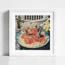 Load image into Gallery viewer, Surreal artwork titled "Diggin - Men At Work" featuring miniature men working on a plate of spaghetti. Ideal for contemporary art collectors and enthusiasts, this piece combines creativity, imagination, and unique perspectives on everyday scenes. Captures the Trevi Fountain in Rome