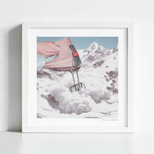 Cargar imagen en el visor de la galería, Surreal artwork titled "Doris Whisker II" by Vertigo Artography. Features a hand mixer blending with a snowy mountain landscape, offering a whimsical and imaginative visual experience. Ideal for modern art collections, this piece adds humor and creativity to any space. Set in the French Alps