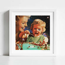 Charger l'image dans la galerie, "Eat Up" by Vertigo Artography - Surreal artwork featuring a vintage-style mother and child in a cosmic setting. The child is depicted eating miniature people by a pool, blending everyday scenes with fantastical elements. Perfect for contemporary art collectors and lovers of unique, whimsical art pieces.