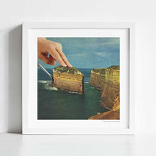 Cargar imagen en el visor de la galería, “Serving Up Cake by the Seaside” quirky surreal wall print where a hand serves a seaside cliff as a slice of cake on a plate, blending surrealism with food culture and coastal landscapes. A playful collage art piece that appeals to art lovers, restaurant owners, café decorators, and buyers looking for unique wall art posters. Perfect for gallery wall inspiration, eclectic interior design, or kitchen and dining room decor that combines imagination with conversation-starting charm.