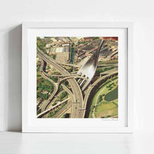 Cargar imagen en el visor de la galería, This surreal art print “Spaghetti Junction” combines the chaos of a highway interchange with the whimsy of Italian pasta night. A giant fork twists roads like spaghetti strands, creating a quirky and eye-catching collage. Perfect for fans of pasta, Italian food, kitchen wall art, or transport-inspired posters. Great for restaurants, cafés, or funky home décor, this trippy artwork merges food culture with urban design for a bold and imaginative pop art statement.