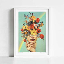 Charger l'image dans la galerie, "Baby's in Bloom" artwork by Vertigo Artography featuring a surreal blend of flowerhead art and human form with vibrant flowers, butterflies, and nature-inspired elements.Perfect for contemporary art lovers, this artwork adds a unique touch to any space, celebrating the harmony between humanity and nature. Discover the allure of "Baby's in Bloom" and enhance your collection with this mesmerizing masterpiece.