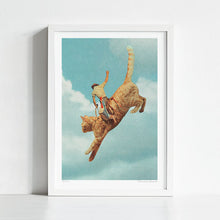 Cargar imagen en el visor de la galería, Retro-inspired surreal wall art titled “Mewhaw – Rodeo Cat” shows a cowboy riding a cat like a bucking bronco high in the air. With its western rodeo theme and whimsical twist, this artwork appeals to lovers of cowboys, southern ranch aesthetics, yeehaw culture, and cat-inspired art. Perfect wall decor for Wild West fans, Texas homes, or eclectic interiors seeking fun rodeo nostalgia, vintage collage art, and playful good vibes that celebrate both cowboy energy and cat mischief.