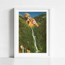 Load image into Gallery viewer, Retro surreal poster “Milky Falls” shows a 1960s-inspired woman pouring evaporated milk down a lush green mountain, replacing water with a milk waterfall. Tourists marvel at the whimsical scene while a hidden airplane adds to the charm. Ideal for retro decor, kitsch wall art, and surreal poster lovers, this print brings playful good vibes to kitchens, cafes, and living rooms. Perfect for retro art fans, collectors, and home decorators seeking vintage-inspired wall decor.