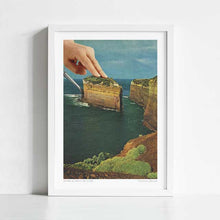 Cargar imagen en el visor de la galería, Whimsical surrealist artwork “Serving Up Cake by the Seaside” showing cliffs transformed into a cake slice on a plate, blending seaside views with food-inspired surreal collage art. Perfect wall art print for cafés, restaurants, bars, or kitchens looking for quirky conversation pieces. Designed for buyers searching for posters, wall decor, and collage prints with a retro, imaginative twist. A funky artwork that brings playful surrealism to both commercial interiors and cozy home walls.