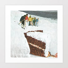 Load image into Gallery viewer, The surreal poster “Glacier Calving Cake” transforms a snowy mountain trek into a playful dessert scene, where climbers encounter a giant chocolate cake with frosting. This kitsch retro wall art is perfect for cafe interiors, bakeries, or kitchens, adding quirky charm and humor to any space. A fun gift for cake lovers, bakers, or retro art fans, this artwork brings a unique and imaginative twist to home decor and is perfect for collectors of surreal food-inspired art.