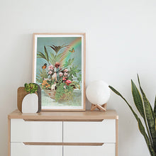 Cargar imagen en el visor de la galería, Botanical psychedelic wall art print “Sanctuary” featuring surreal collage imagery of vibrant green plants, colorful mushrooms, butterflies, florals, and a whimsical central character in a rainbow-lit dream garden. This artwork blends nature, surrealism, and fantasy, making it perfect for those searching for trippy wall decor or daydreamer artwork. Ideal home decor print for creating a calming, imaginative sanctuary within your living room, study, or bedroom interior.