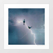 Cargar imagen en el visor de la galería, Electric Tui artwork featuring Tui birds illuminated by lightning storm, contemporary digital collage art inspired by New Zealand wildlife, perfect for modern home or office decor.