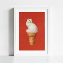 Cargar imagen en el visor de la galería, Cat Ice Cream Red  artwork combines a fluffy white Persian cat with an ice cream cone on a vivid red  background. This whimsical and humorous piece is perfect for cat lovers and fans of contemporary pop art. Enhance your home decor with this unique and playful print. Shop now for quirky wall art.