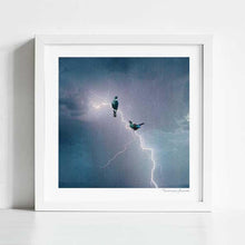 Cargar imagen en el visor de la galería, Electric Tui artwork featuring Tui birds illuminated by lightning storm, contemporary digital collage art inspired by New Zealand wildlife, perfect for modern home or office decor.