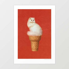 Cargar imagen en el visor de la galería,  Cat Ice Cream Red  artwork combines a fluffy white Persian cat with an ice cream cone on a vivid red  background. This whimsical and humorous piece is perfect for cat lovers and fans of contemporary pop art. Enhance your home decor with this unique and playful print. Shop now for quirky wall art.