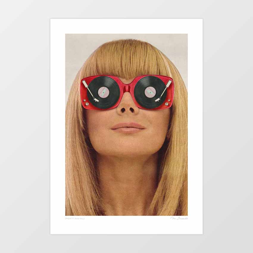 Retro art collage featuring a woman wearing red sunglasses made from vinyl records and turntables – a quirky, surreal nod to 1960s fashion and vinyl culture.