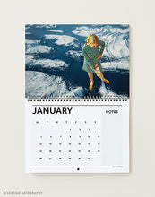 Load image into Gallery viewer, January page of the 2027 Collage Art Wall Calendar by Vertigo Artography, surreal collage of a giant retro woman vacuuming snowy mountains