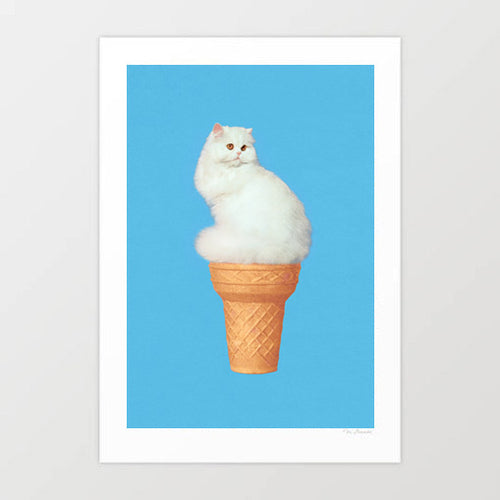 Cat Ice Cream Blue wall artwork featuring a fluffy white cat blended with an ice cream cone on a pastel blue background, perfect for quirky and modern home decor, suitability for modern home decor, providing a playful and imaginative touch to any space appealing to cat lovers and fans of quirky, contemporary art.