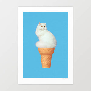 Cat Ice Cream Blue wall artwork featuring a fluffy white cat blended with an ice cream cone on a pastel blue background, perfect for quirky and modern home decor, suitability for modern home decor, providing a playful and imaginative touch to any space appealing to cat lovers and fans of quirky, contemporary art.