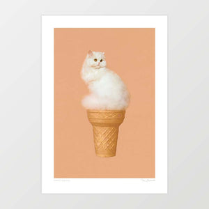 Cat Ice Cream Peach artwork featuring a fluffy white cat blended with an ice cream cone on a pastel peach mocha background, perfect for quirky and modern home decor.suitability for modern home decor, providing a playful and imaginative touch to any space.