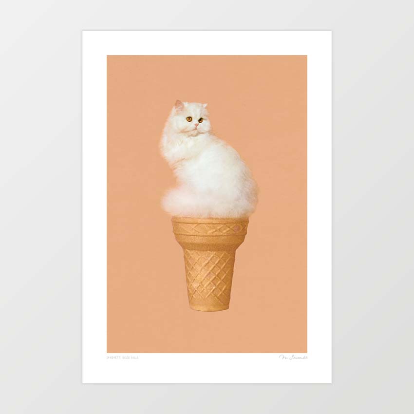 Cat Ice Cream Peach artwork featuring a fluffy white cat blended with an ice cream cone on a pastel peach mocha background, perfect for quirky and modern home decor.suitability for modern home decor, providing a playful and imaginative touch to any space.