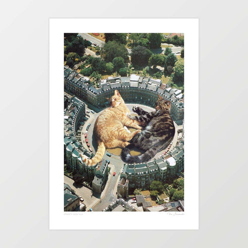 Two oversized cats peacefully lying in the middle of a circular city street – surreal art print with aerial view and playful feline concept