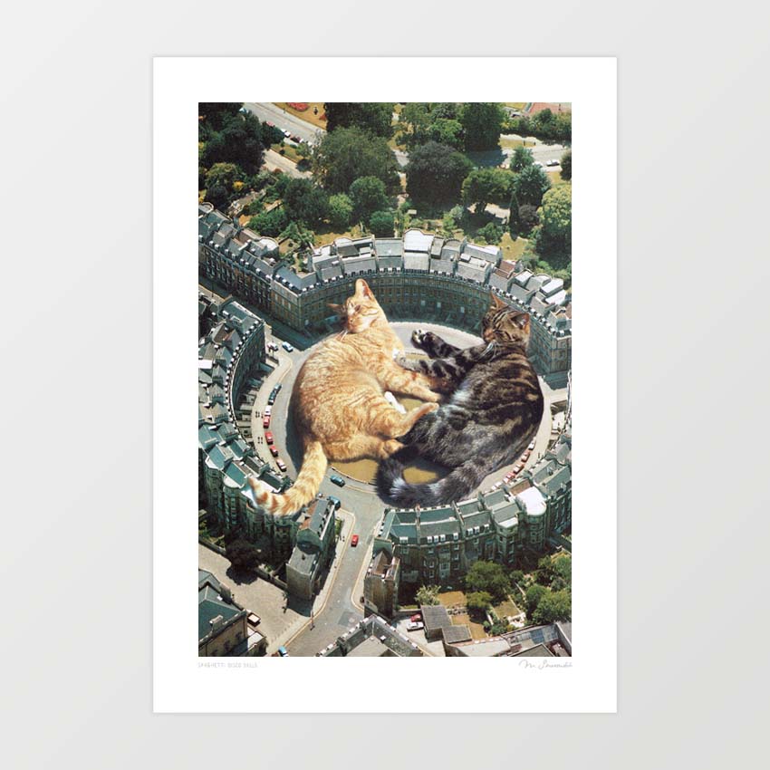 Two oversized cats peacefully lying in the middle of a circular city street – surreal art print with aerial view and playful feline concept
