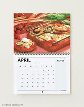 Load image into Gallery viewer, April page of the 2027 surreal art wall calendar, vintage woman lying in a strawberry rhubarb crumble dish, retro food collage
