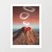 Load image into Gallery viewer, Surreal collage art print titled “Rings of Passion” featuring a volcano with red lips and smoke rings, in a dreamy romantic sky digital artwork by Vertigo Artography.