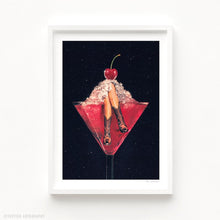 Cargar imagen en el visor de la galería, Digital collage of a pair of legs in cowgirl boots inside a pink margarita glass, topped with crushed ice and a cherry on a cosmic black background. Bar Cart, Coquette and Coastal.