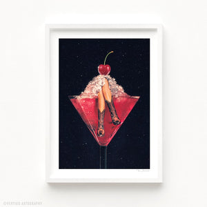 Digital collage of a pair of legs in cowgirl boots inside a pink margarita glass, topped with crushed ice and a cherry on a cosmic black background. Bar Cart, Coquette and Coastal.