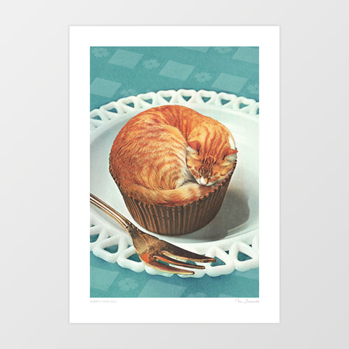 Ginger Cupcat Nap — pop-art print of a ginger tabby curled like icing on a muffin; humorous wall art for cafe interiors, retro kitchens and kids rooms.