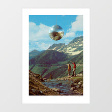 Cargar imagen en el visor de la galería, Mirrored disco ball floating above alpine mountain landscape - retro 70s surreal wall art print
