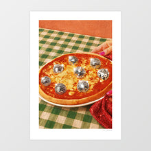 Load image into Gallery viewer, Framed surreal pizza wall art print showing disco ball toppings on a tomato base – funny Italian food poster by Vertigo Artography