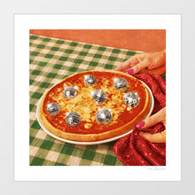 Load image into Gallery viewer, Surreal art print of a classic Italian pizza topped with seven silver mirror disco balls on a green checkered tablecloth – Pizza A'la Disco II by Vertigo Artography