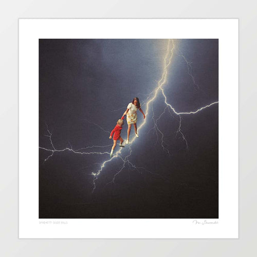 Surreal artwork of a woman and child walking calmly down a lightning bolt as if it were a stairway, surrounded by dark sky.