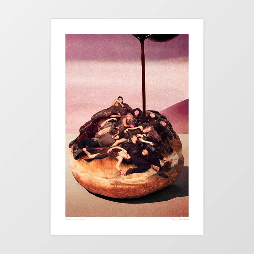 retro-inspired collage of a glossy chocolate-drizzled donut topped with tiny vintage figures; perfect donut wall art for cafes, bakeries, kitchens and quirky restaurant interiors available in multiple sizes with FREE SHIPPING