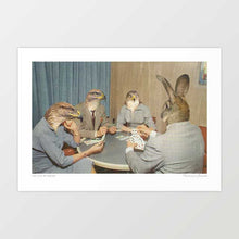 Charger l&#39;image dans la galerie, &#39;Too late Mr. Hudson - Birds of prey playing poker with a rabbit in a casino&#39; Art Print by Vertigo Artography