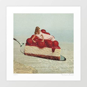 Cherryo artwork featuring a retro woman lounging on a slice of cherry cheesecake, blending whimsical fantasy with dessert imagery adding charm and creativity to home decor, combining elements of food art and fantasy