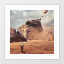 Cargar imagen en el visor de la galería, Giant feather duster cleaning sandy desert landscape with mountains - surreal nature intervention wall art print