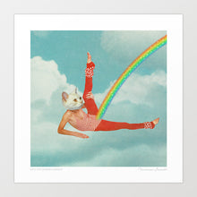 Load image into Gallery viewer, Surreal art print of a retro 1980s white cat in red tights striking a yoga pose with a rainbow bursting from its middle — funny cat wall art