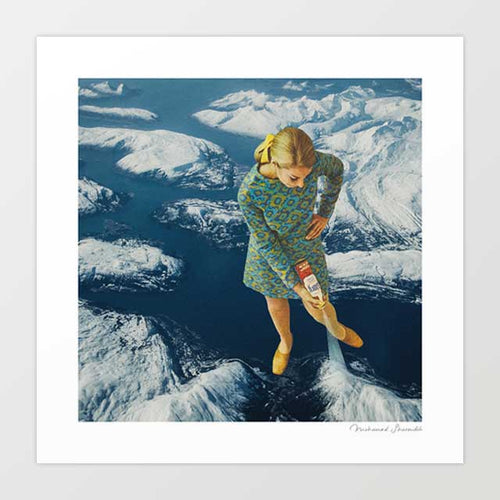 Spraying snow on mountains is a homage to Mother Nature’s attempt to maintain the 4 seasons as global warming takes a grip on the unpredictability of weather patterns globally. This original artwork captures a winter scene where the usual and predictability of snow on the mountains is having to be artificially recreated by a 1960’s retro version of Mother Nature doing her best to maintain normality of the seasons by spraying snow on the mountains.