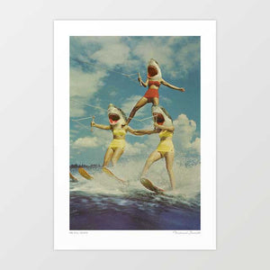 Experience the surreal spectacle of "On Evil Beach" as three women glide in perfect formation, water skiing amidst the radiant sunshine of Florida's shores. Their infectious laughter resonates against the backdrop of azure waters and golden sands, but a chilling twist awaits— their heads transformed into fearsome shark visages.This captivating artwork challenges perceptions, exploring the fusion of thrill and danger.