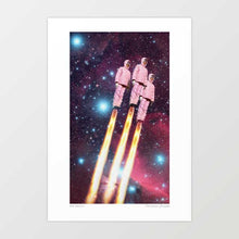 Load image into Gallery viewer, Embark on an interstellar journey with &quot;Pink Rockets,&quot; where three women don retro-futuristic pink space suits and soar into the cosmos in perfect formation. Against the backdrop of the infinite expanse, their sleek rockets propel them toward distant galaxies. With a nod to nostalgia and a vision of the future, this artwork ignites imagination and wonder. Vibrant hues and dynamic composition capture the essence of adventure and exploration.