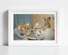 Cargar imagen en el visor de la galería, &#39;Too late Mr. Hudson - Birds of prey playing poker with a rabbit in a casino&#39; Art Print by Vertigo Artography